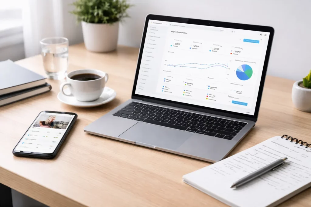 Kannettavan tietokoneen näytöllä näkyvä verkkosivun käyttöliittymä